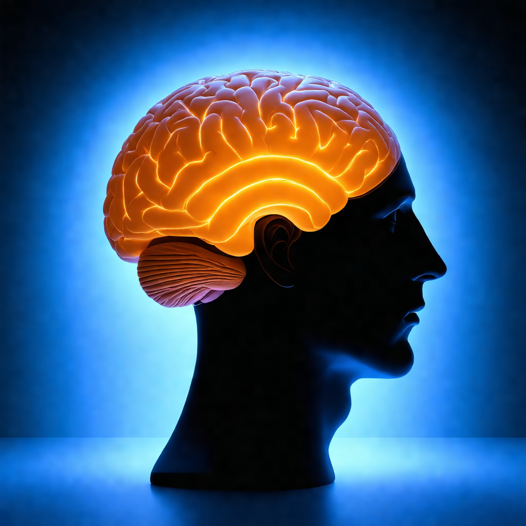 Close-up of a human head, with a bright blue light illumi...
