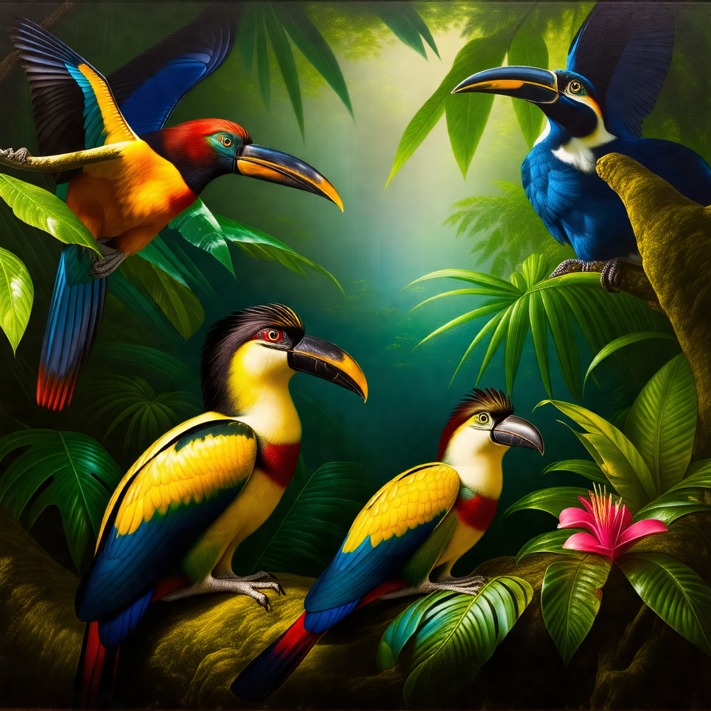 Lush green forest with a group of colorful birds perched ...