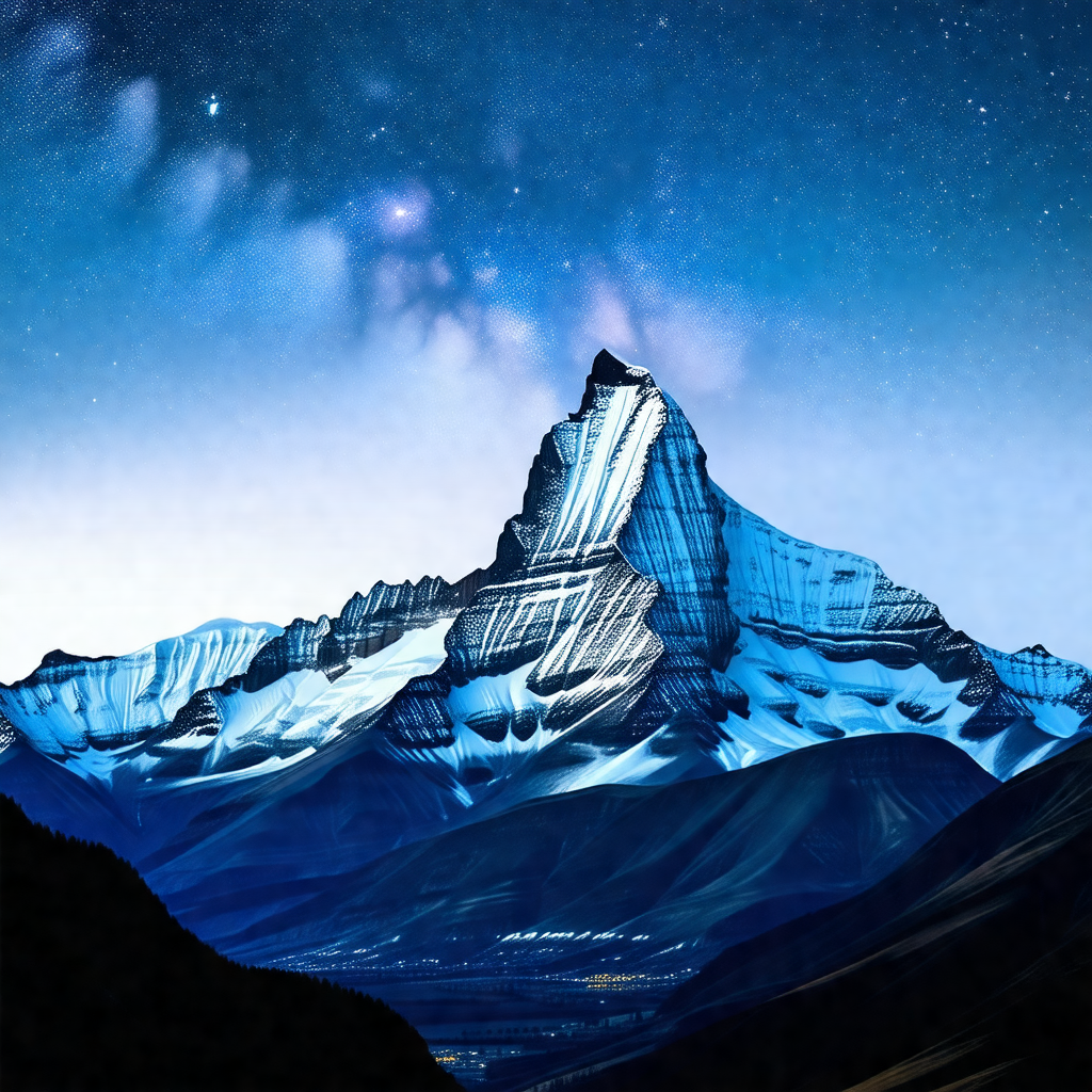 Majestic mountain with a snow-covered peak, towering over...