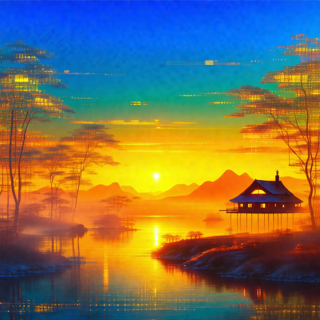 Beautiful sunset over a body of water, with a small house...