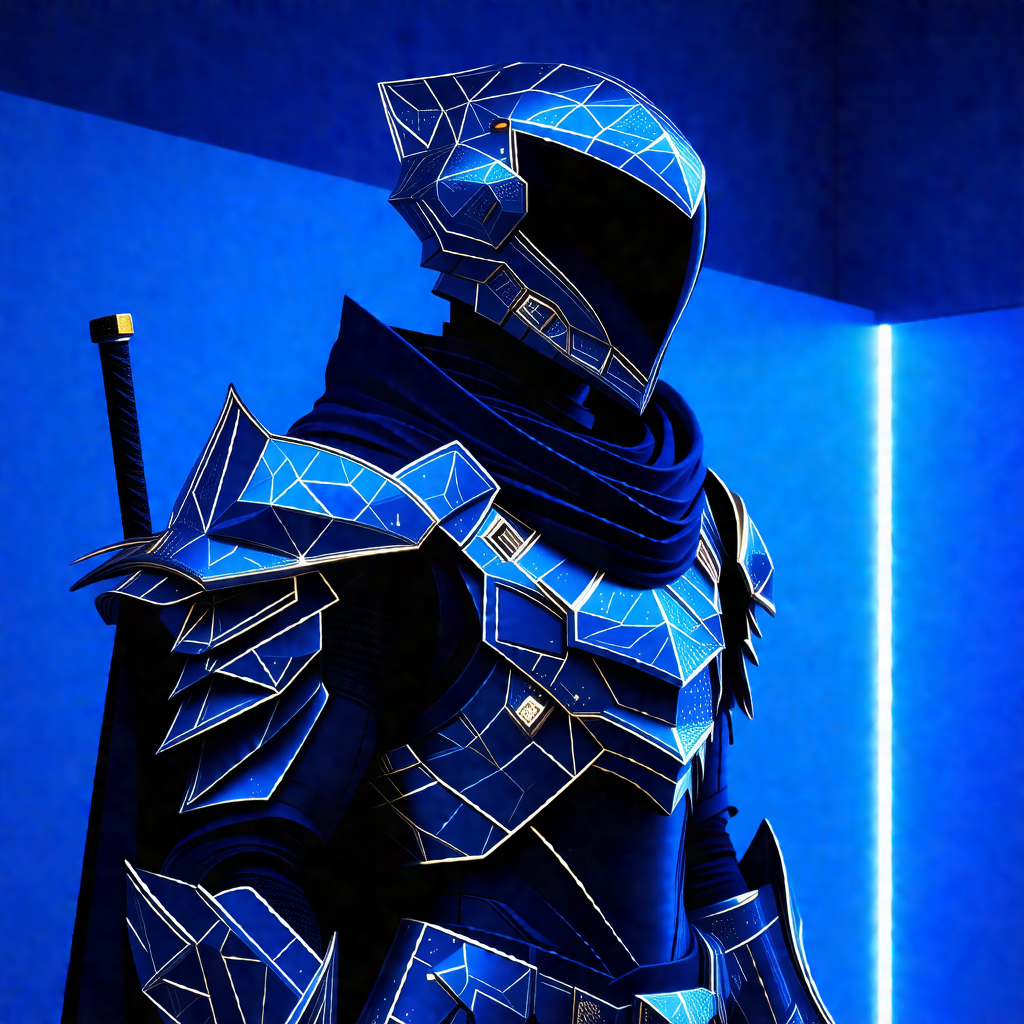 Person wearing a blue and black armor, standing in a dark...
