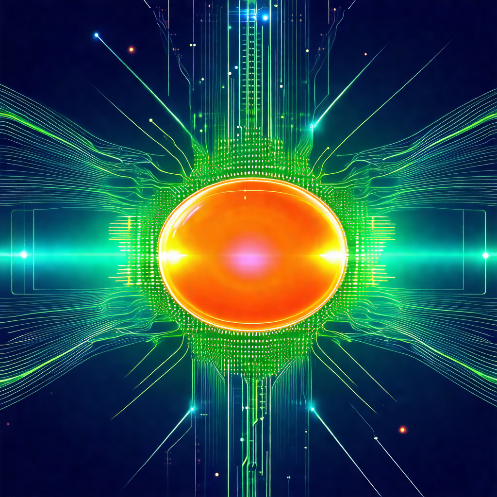 Bright green and orange circle, which appears to be a com...