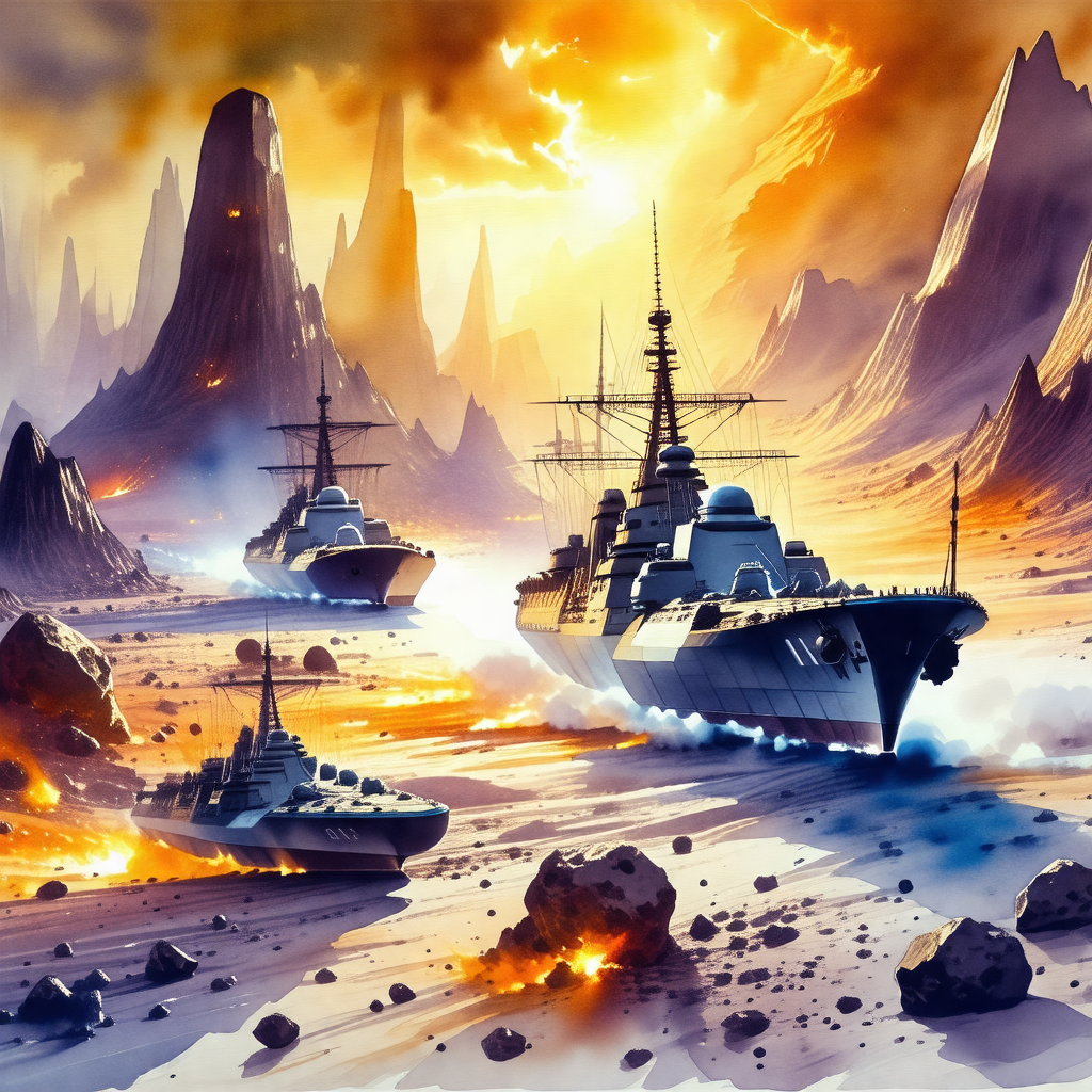 Painting of a group of four warships sailing through a ro...