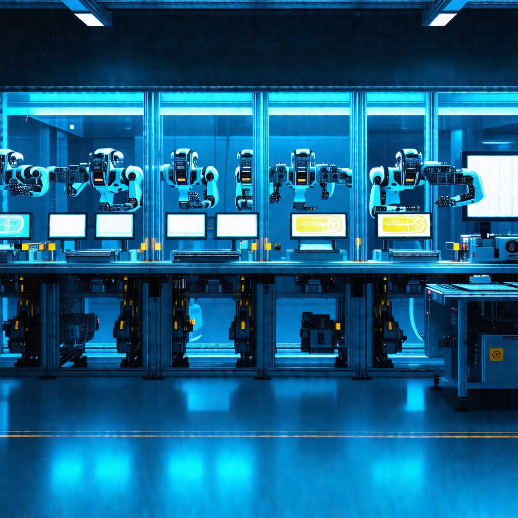 Factory setting with a large number of robots lined up in...