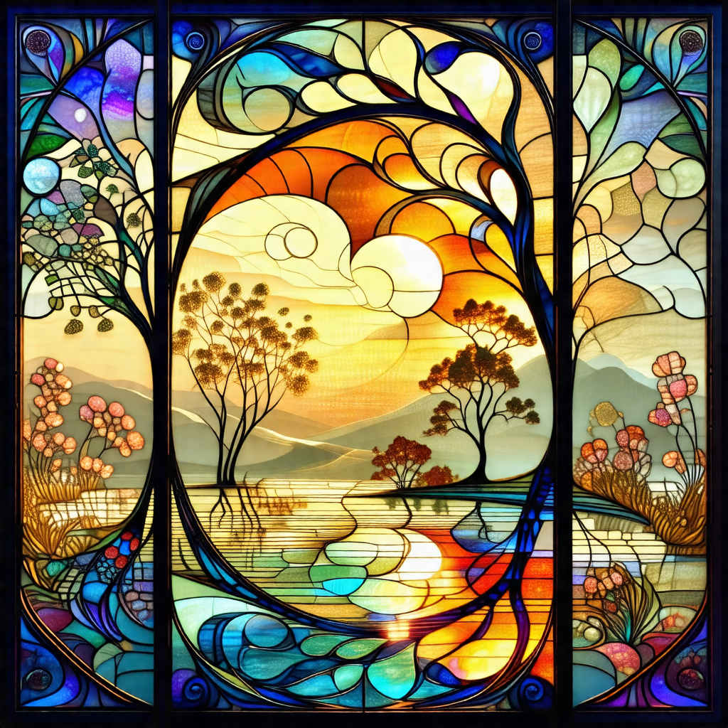 Beautiful stained glass window with a scene of a forest a...