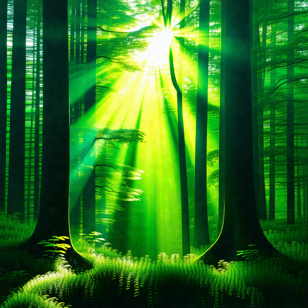 Lush green forest with a bright sun shining through the t...