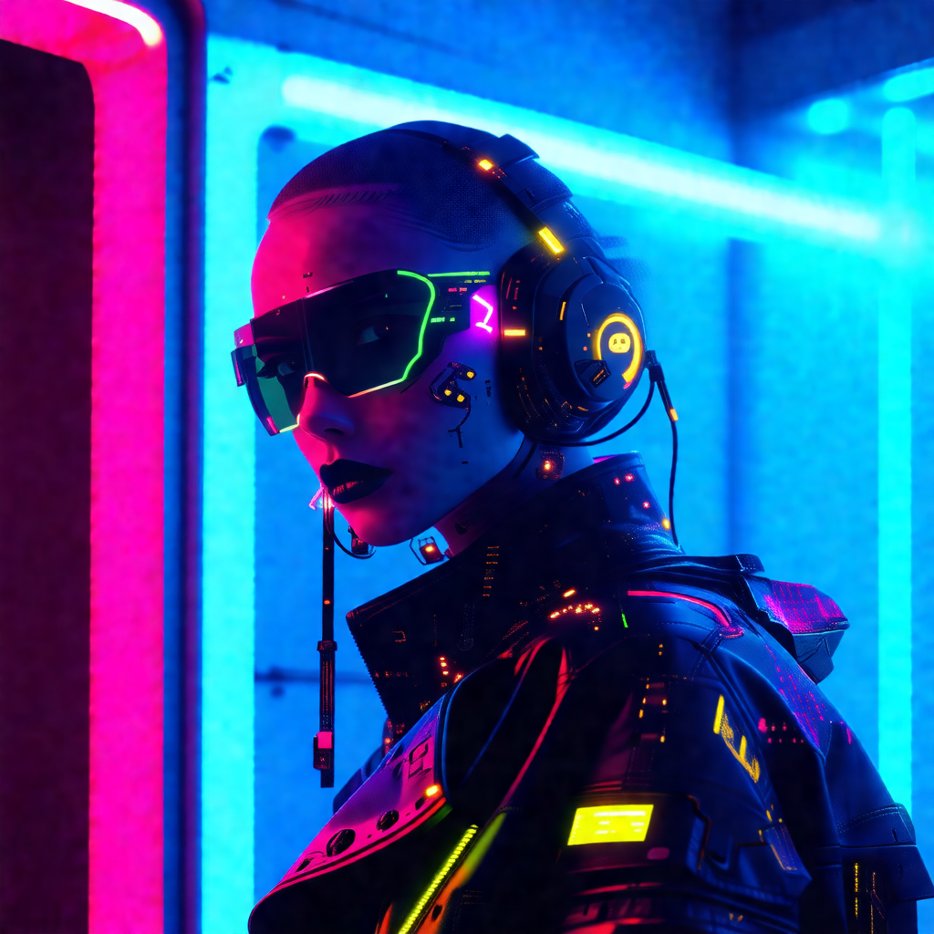 Woman wearing a futuristic outfit, including a black jack...