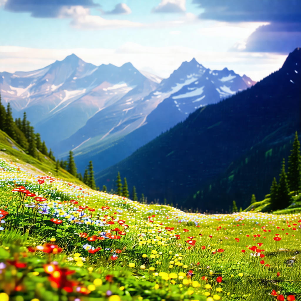 Beautiful mountain landscape with a lush green field and ...