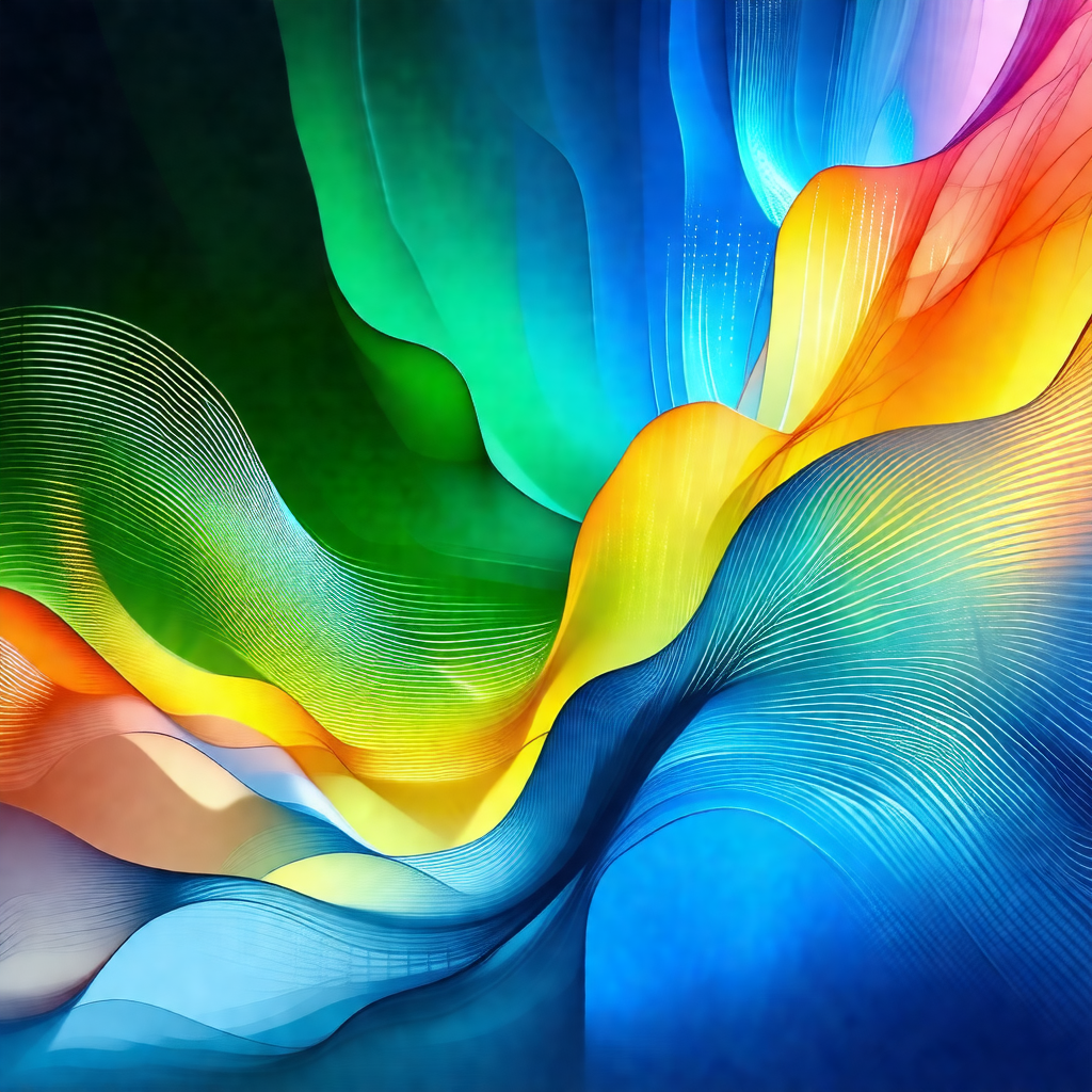 Colorful abstract art piece featuring a mix of blue, gree...