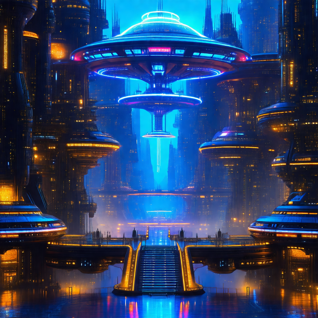 Futuristic cityscape with a large, blue, circular buildin...