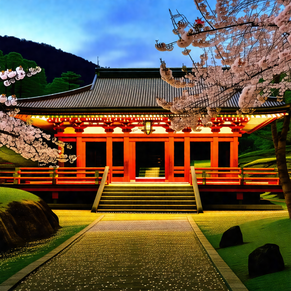 Beautiful japanese temple with a red roof, surrounded by ...