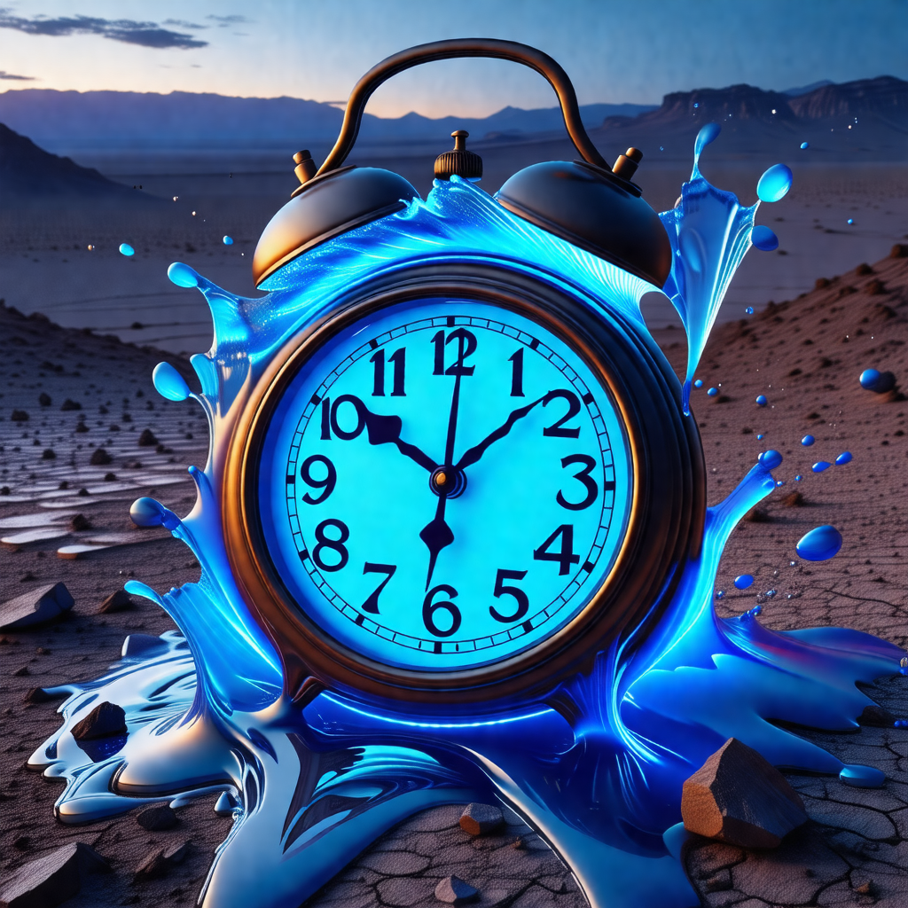 Large, blue clock with a gold trim, placed in a desert-li...
