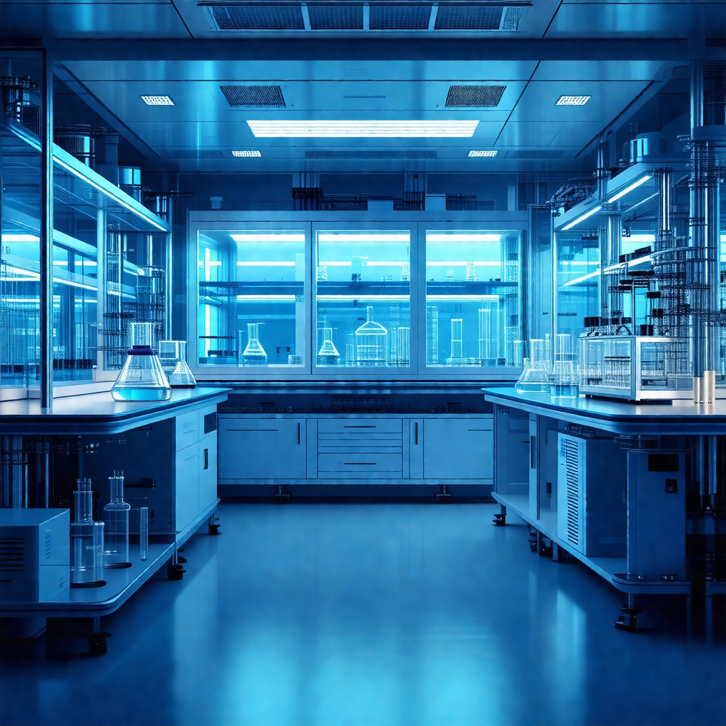 Clean and well-organized laboratory with a blue-lit atmos...