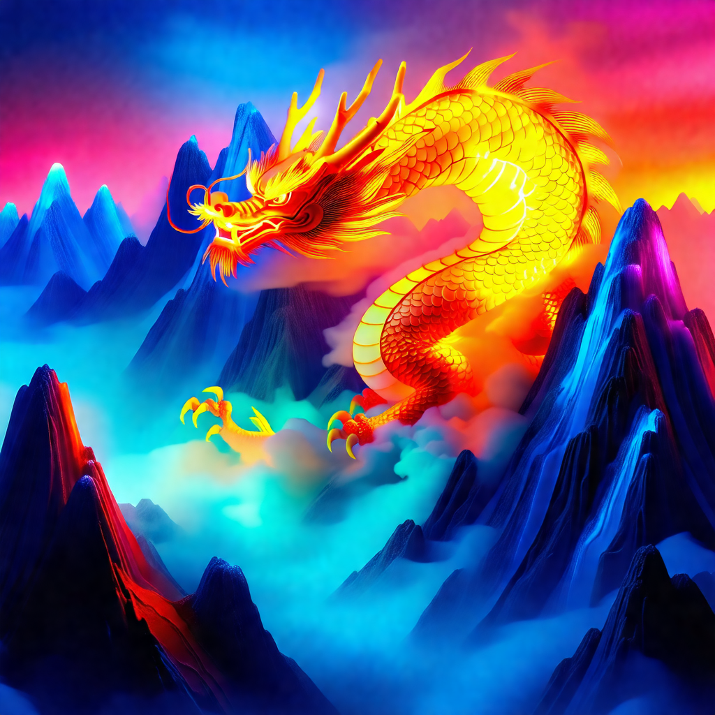 Large, colorful dragon with a yellow body and orange and ...