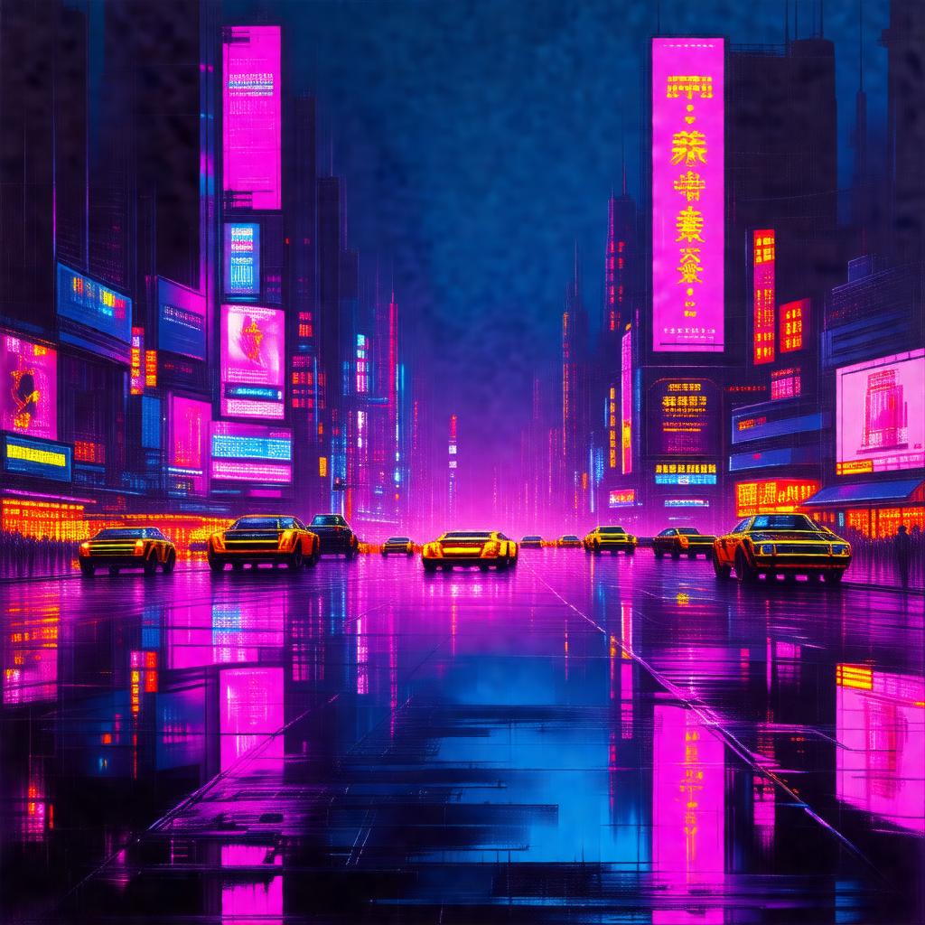 Busy city street at night, with a row of cars driving dow...