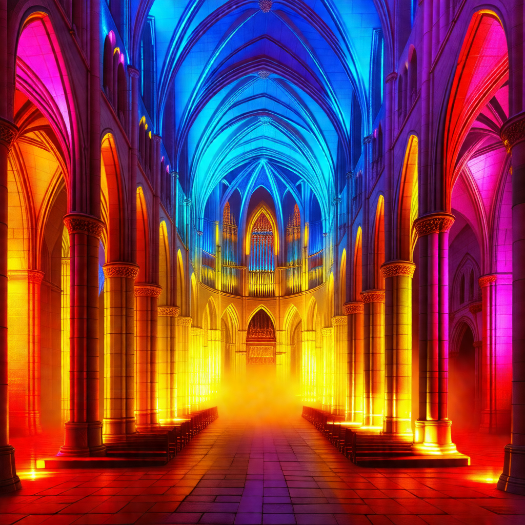Large, ornate cathedral with a long hallway and a large a...