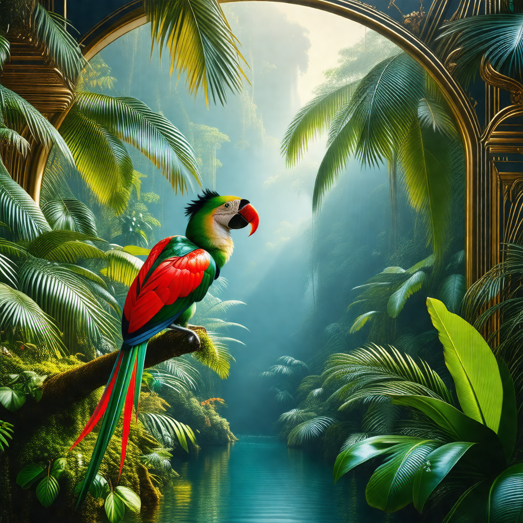 Colorful parrot perched on a tree branch, surrounded by l...