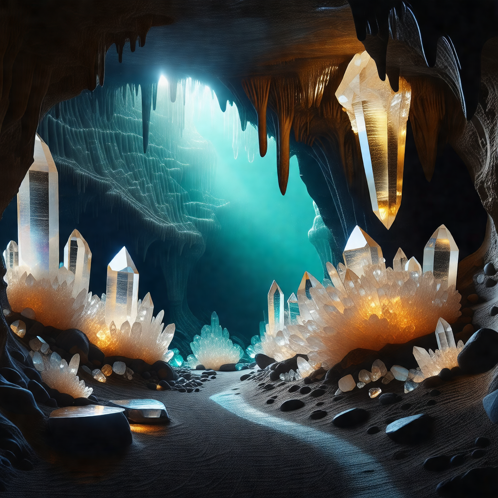 Black and white photo of a cave with a blue light illumin...