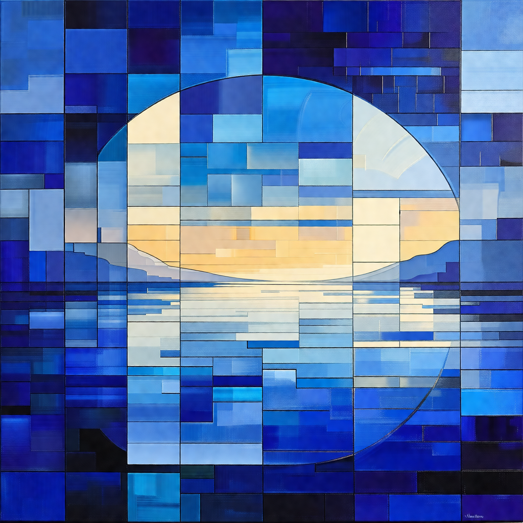 Painting of a sunset over a body of water, possibly an ocean