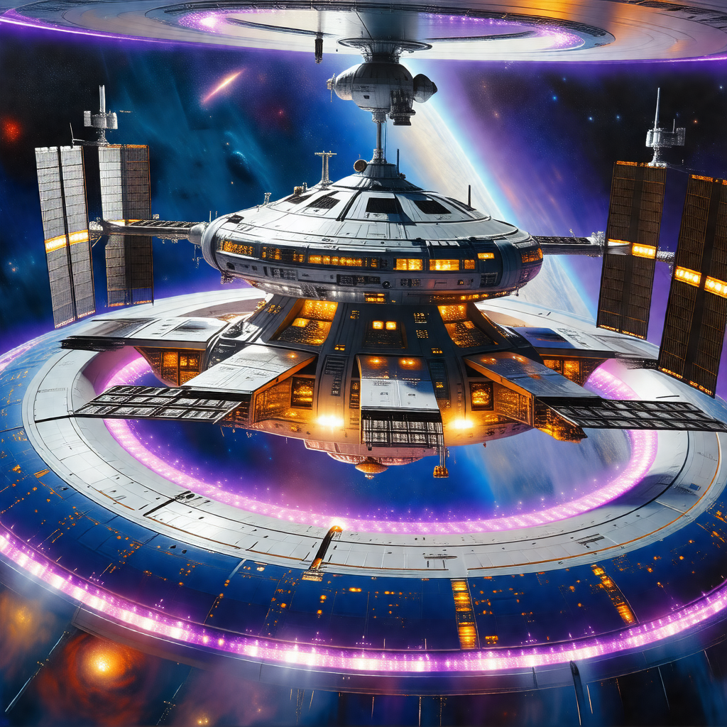 Futuristic space scene featuring a large, round spacecraf...