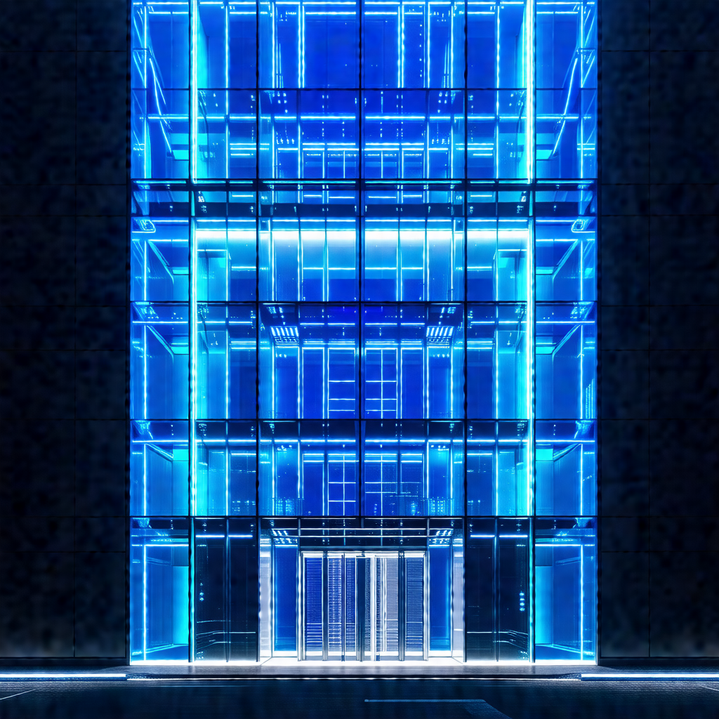 Large, blue building with a modern design