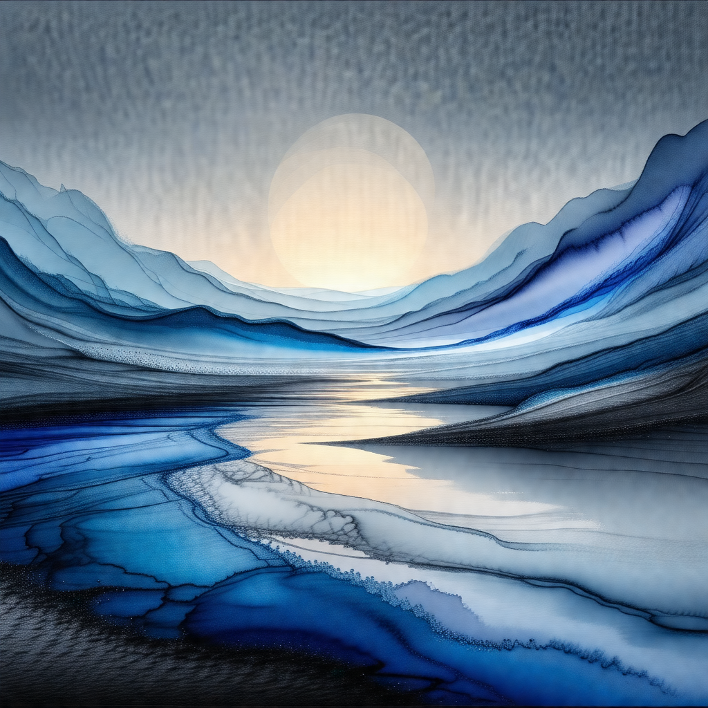 Painting of a beautiful landscape featuring a large body ...