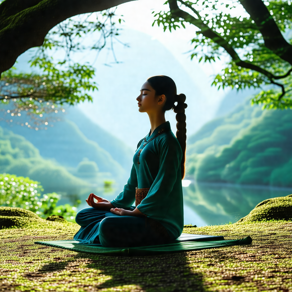 Woman sitting on the ground in a serene, natural setting