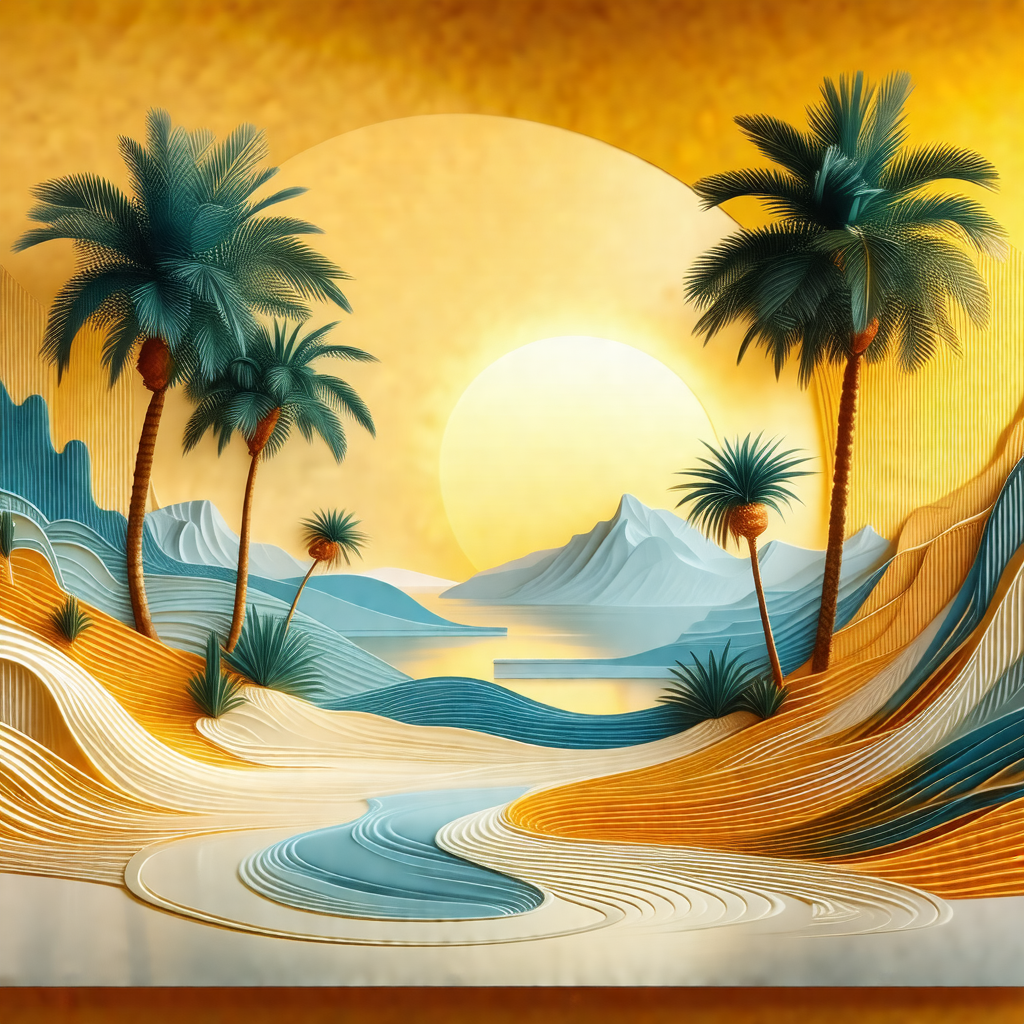 Painting of a beach scene with a beautiful sunset