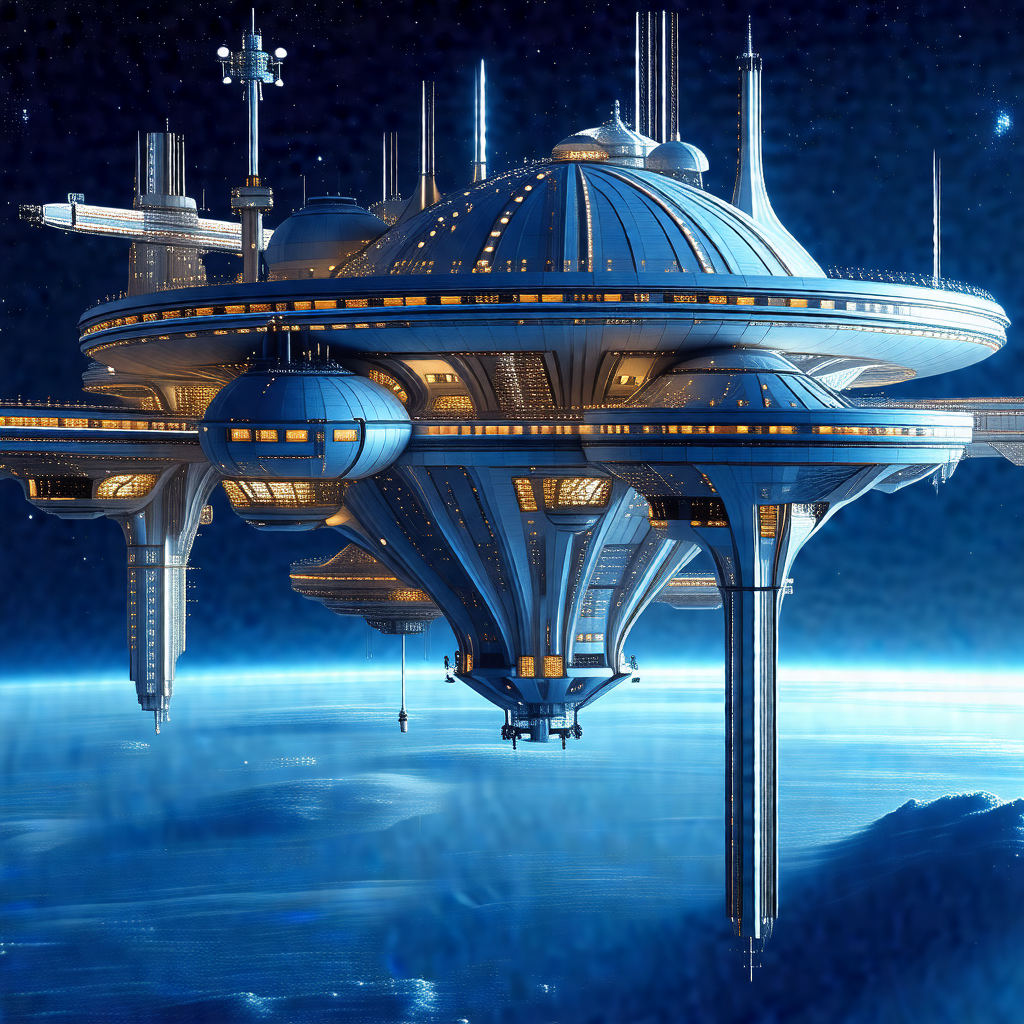Futuristic space station with a large, round structure at...