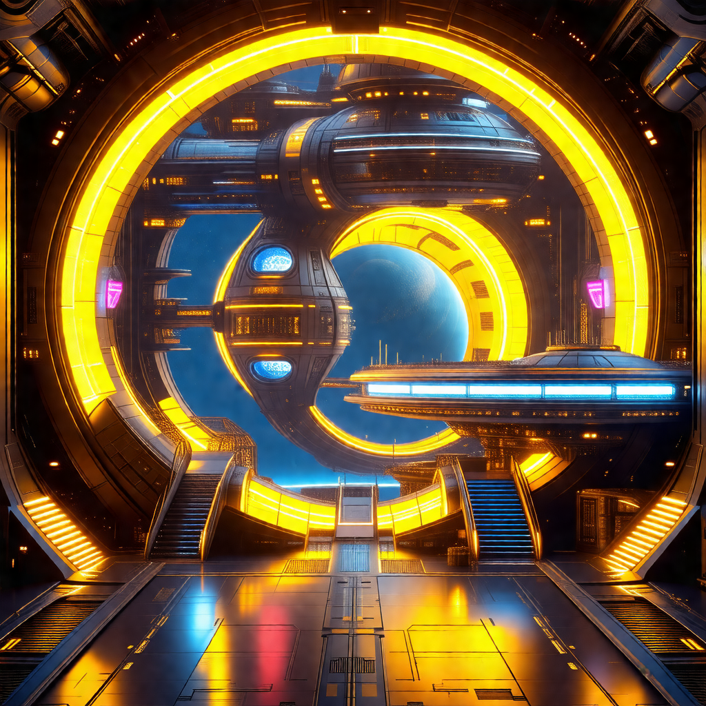 Futuristic scene featuring a large, circular spacecraft w...