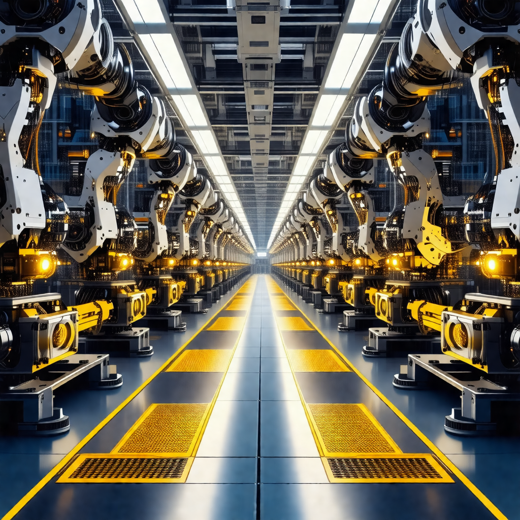 Factory with a long row of robots lined up, working toget...