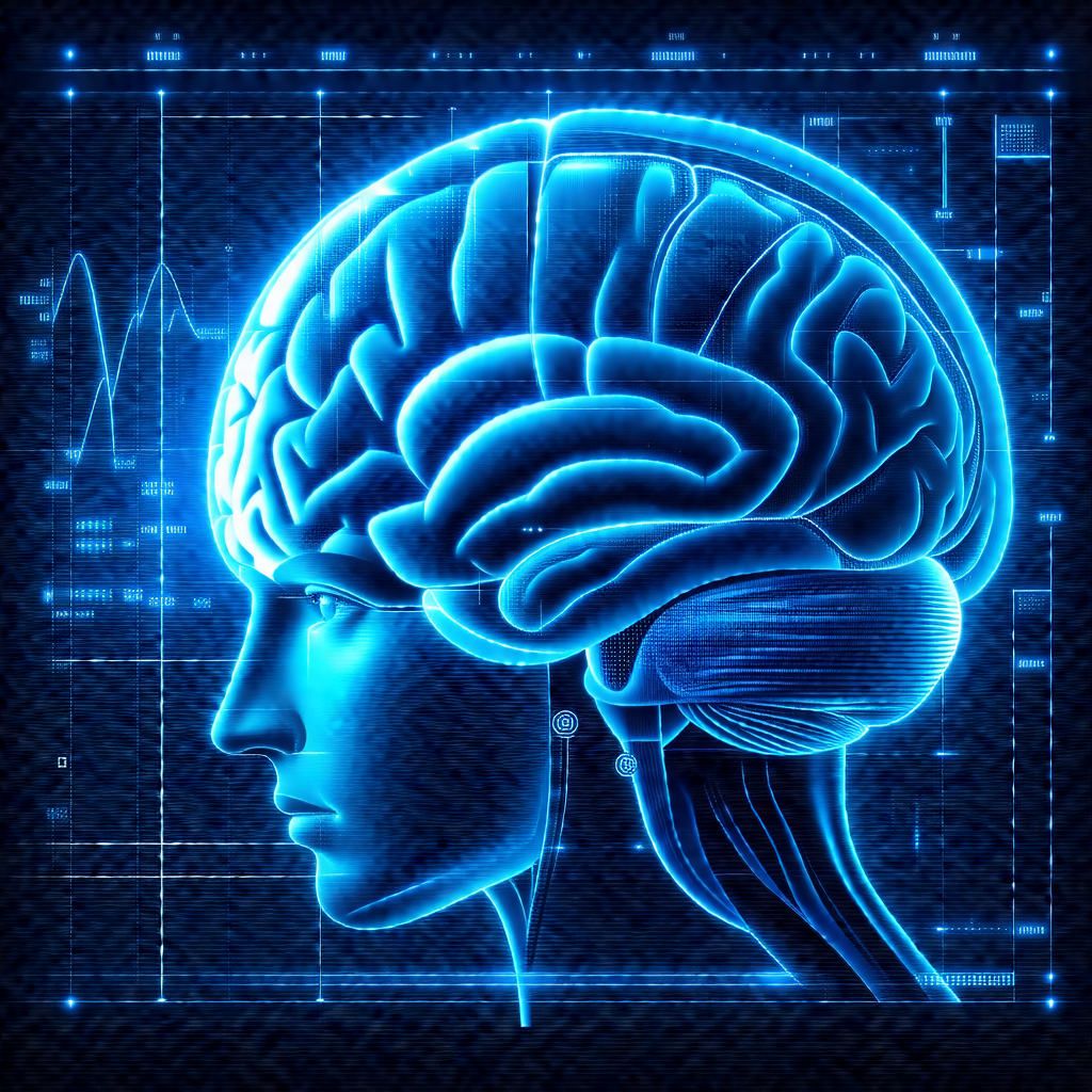 Blue and white illustration of a human head, focusing on ...