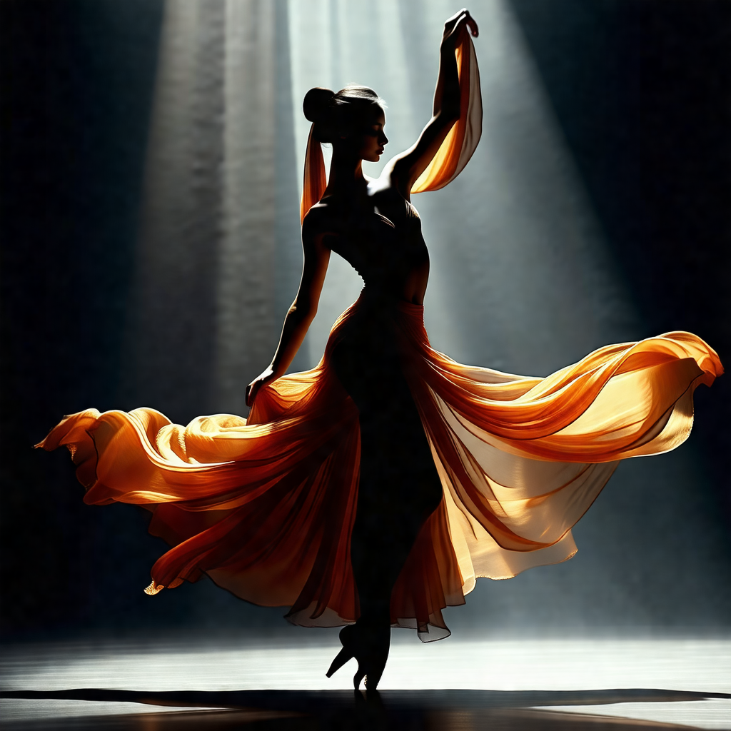 Woman in a flowing orange dress, gracefully dancing on a ...