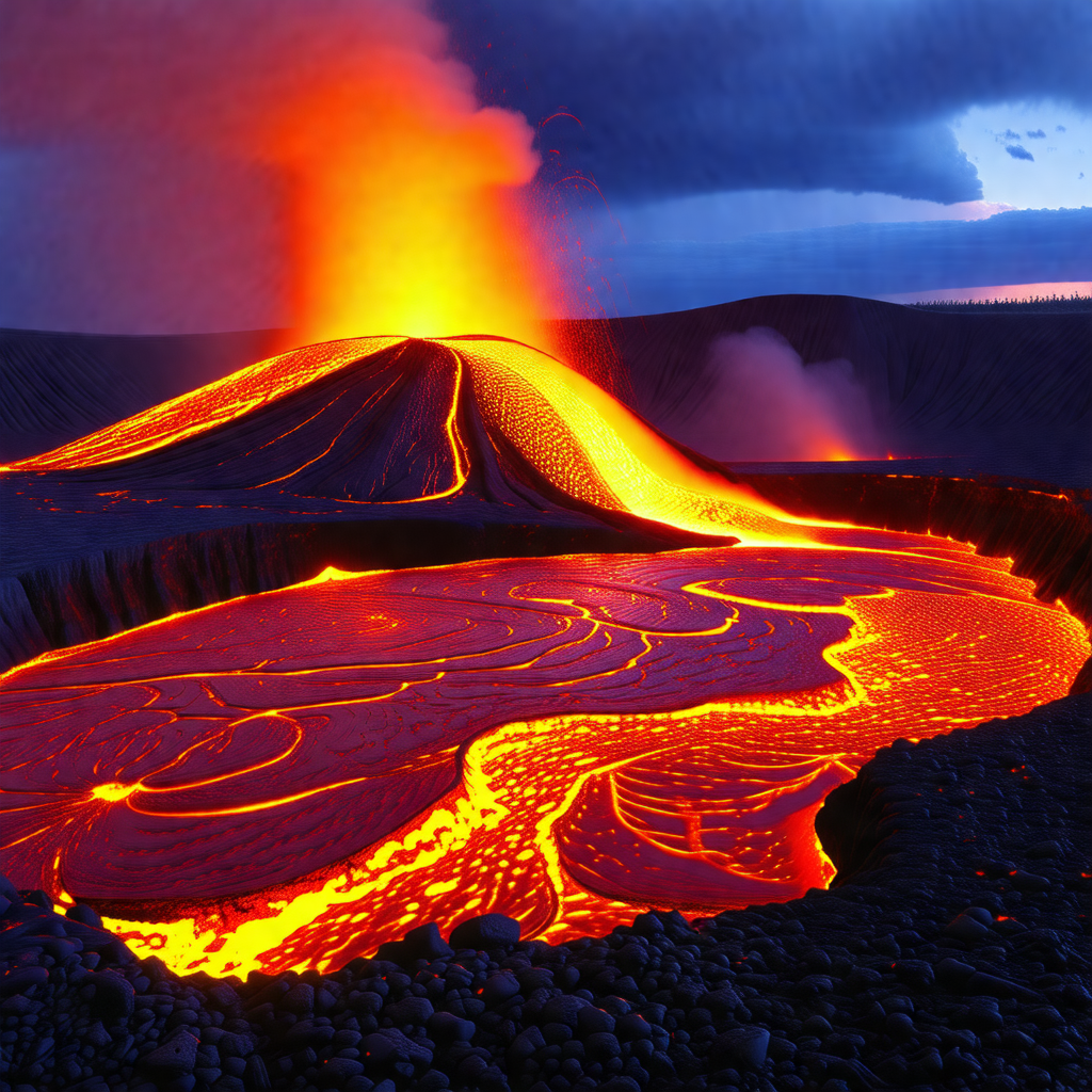 Large, glowing lava flow, with a red glow emanating from ...