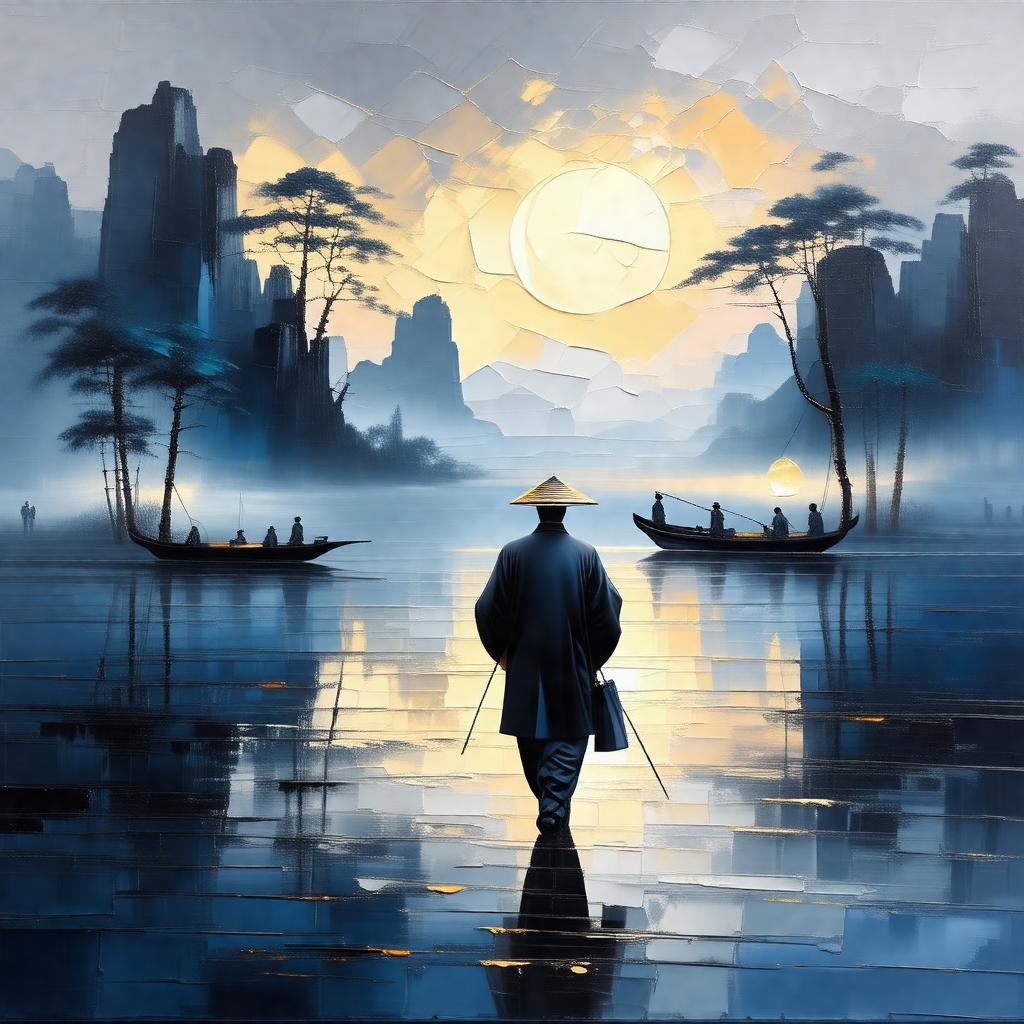 Man wearing a conical hat, walking along a river bank