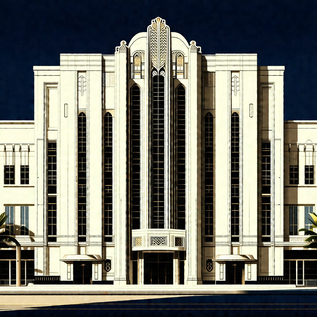 Drawing of a large white building with many windows