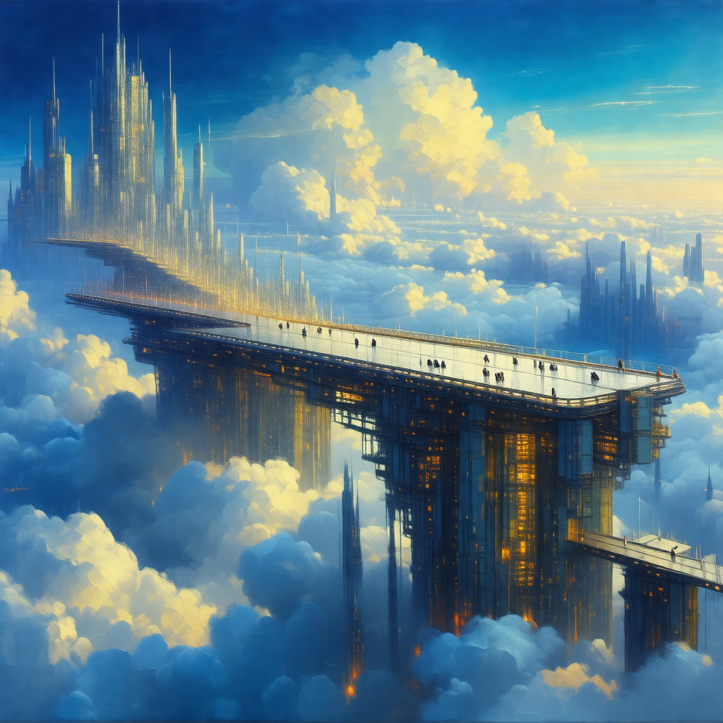 Painting of a futuristic city with a large, curved bridge...