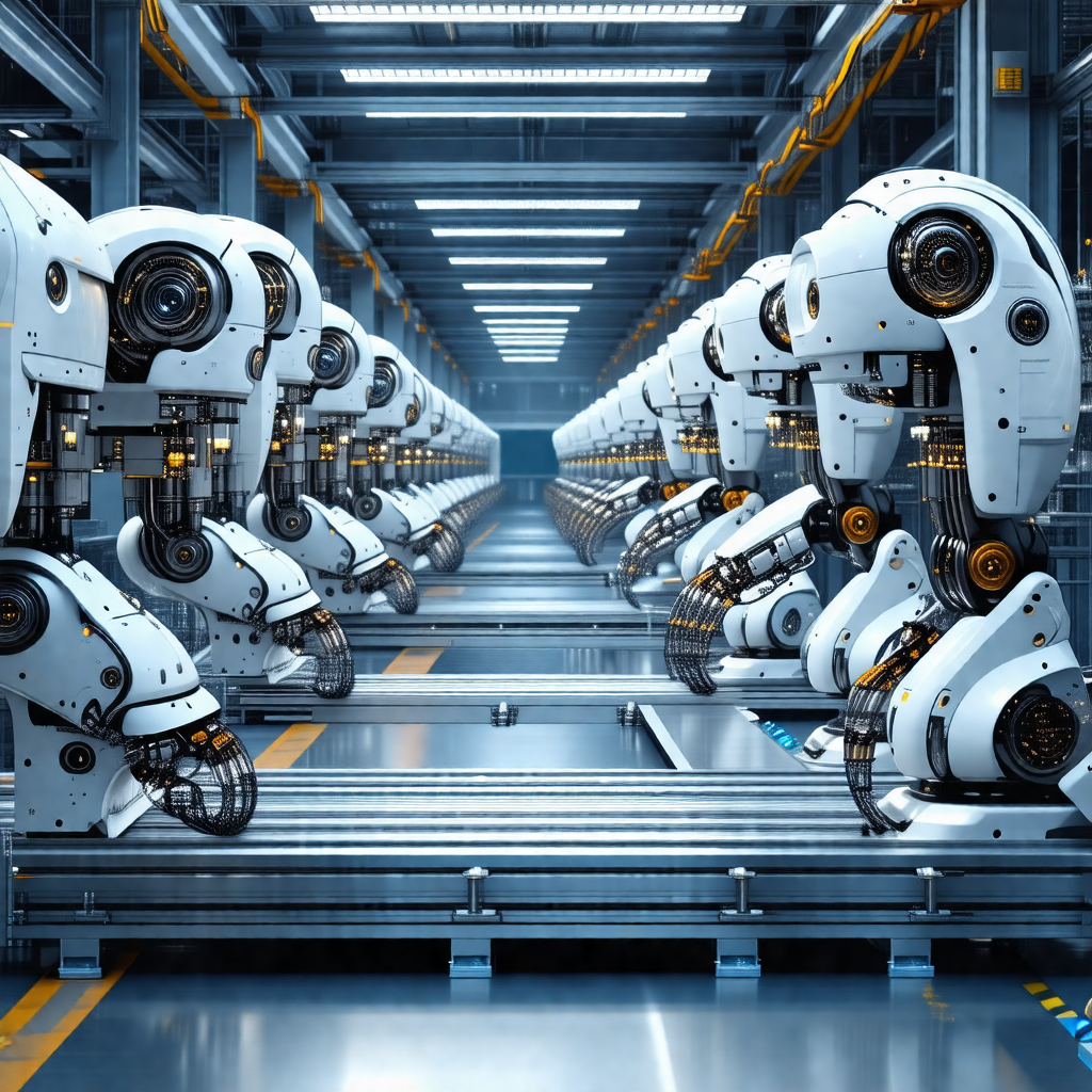 Factory with a large number of white robots lined up in rows