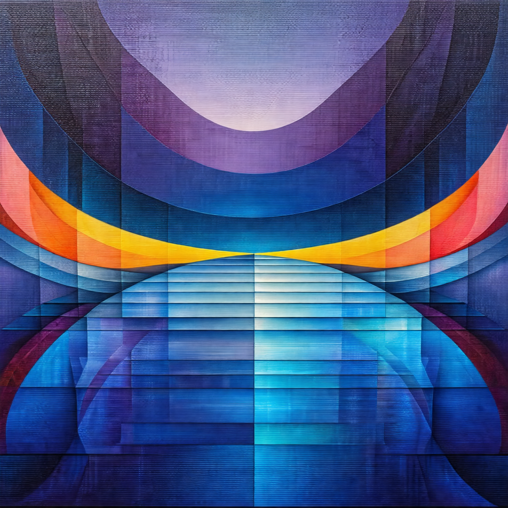 Painting of a staircase leading to a blue sky