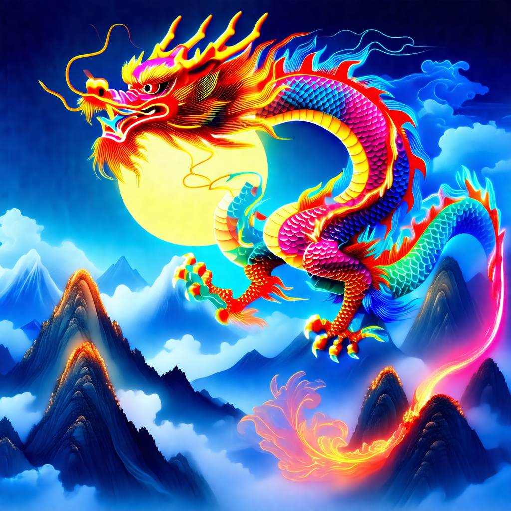 Vibrant and colorful dragon flying through the sky
