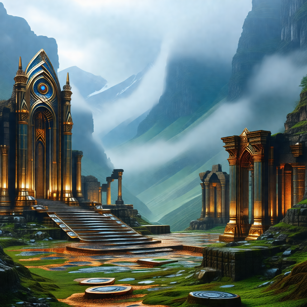 Digital painting of a majestic castle situated in a lush ...