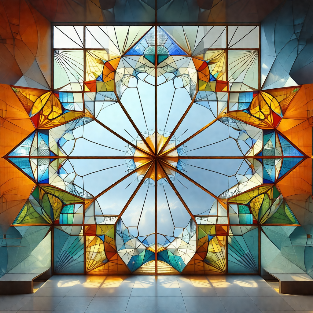 Large, colorful glass window with a sunlit design