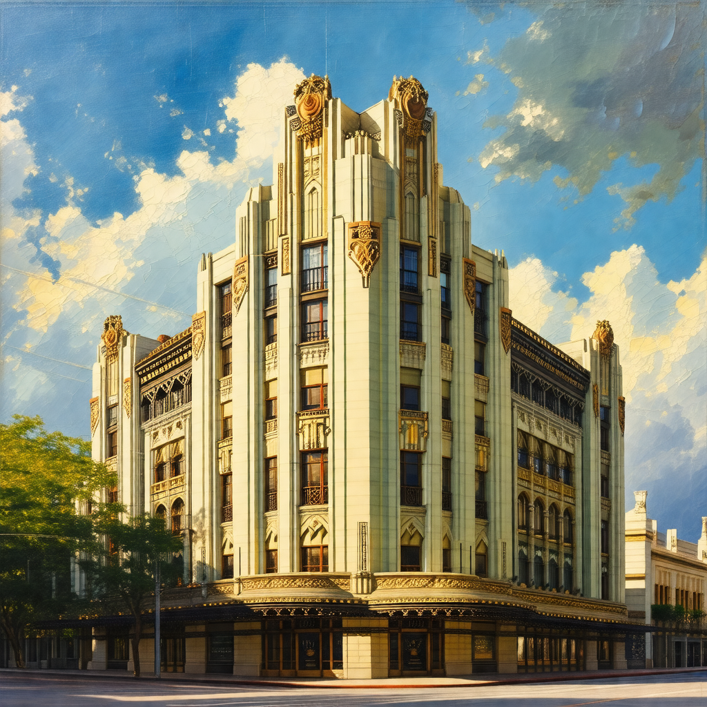 Painting of a large, ornate building with a prominent clo...