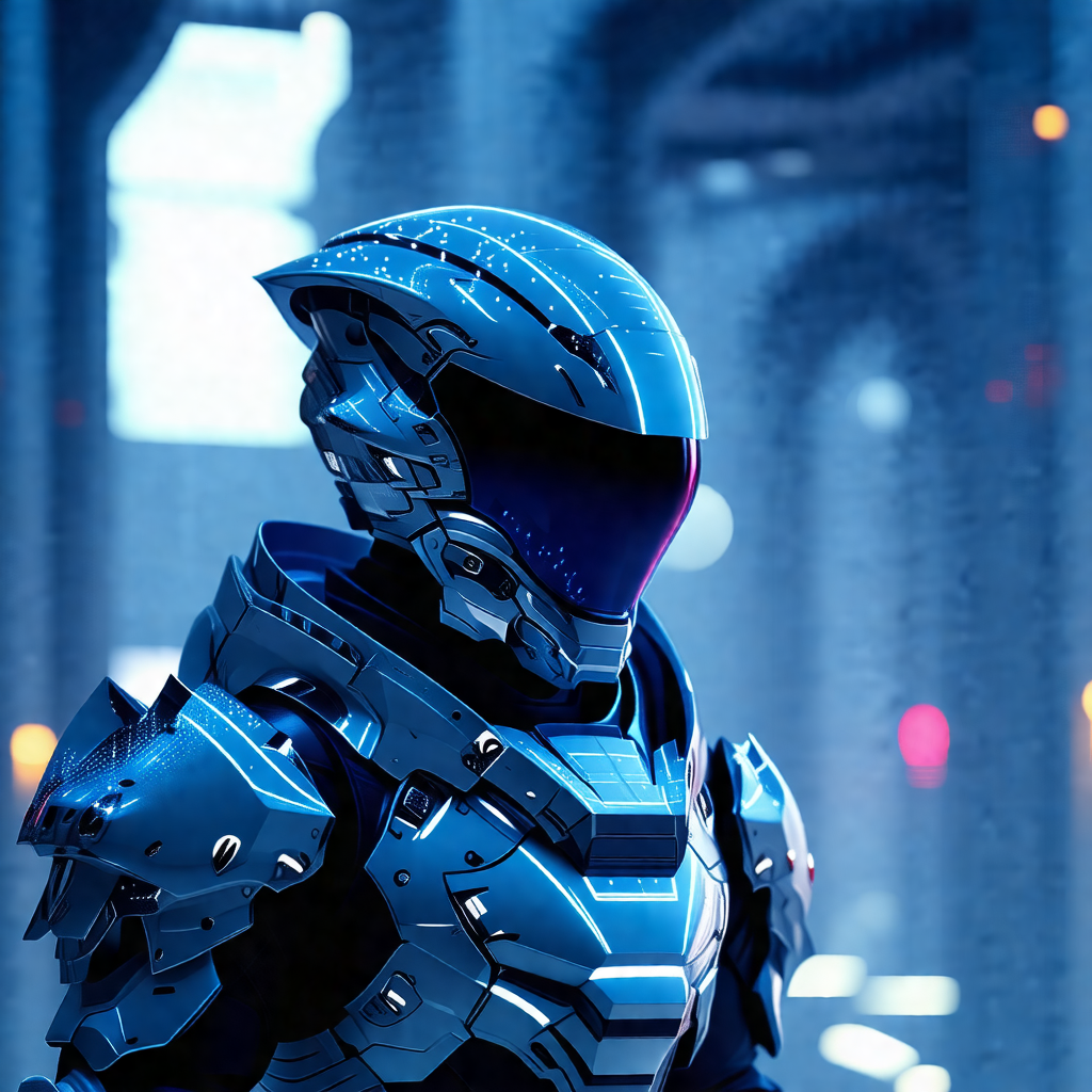 Futuristic robot with a silver helmet, standing in a dark...