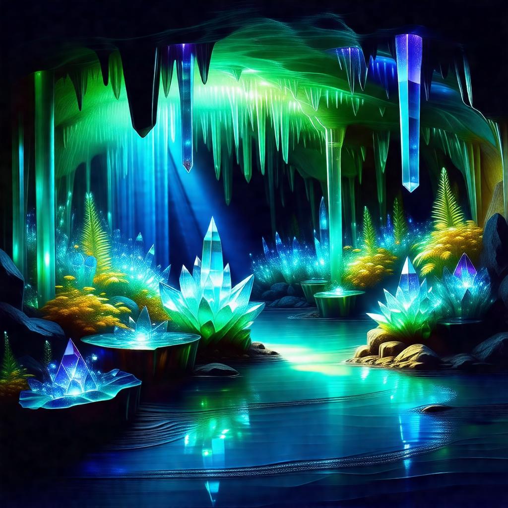 Colorful and detailed illustration of a cave with a river...