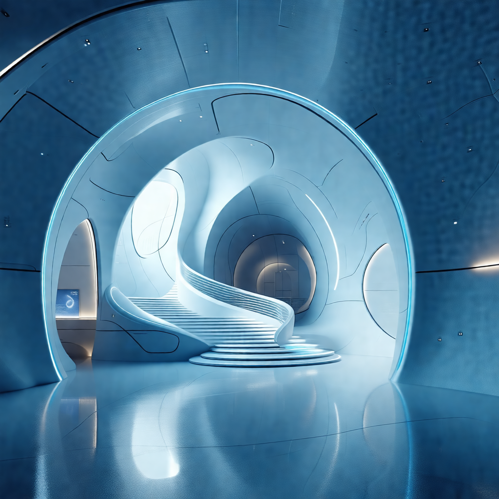 Large, curved tunnel with a spiral staircase leading to t...