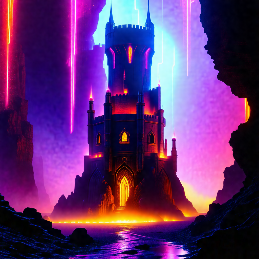 Large, colorful castle with a tall tower and a moat