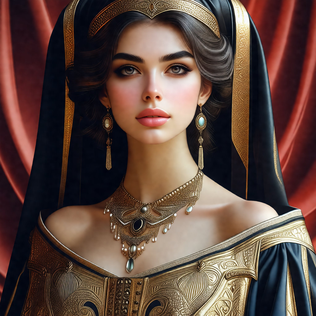 Woman wearing a gold and black dress, with a gold crown o...