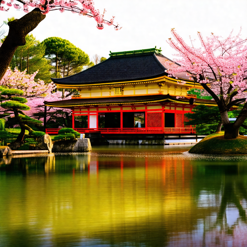 Beautiful japanese garden with a large red building in th...