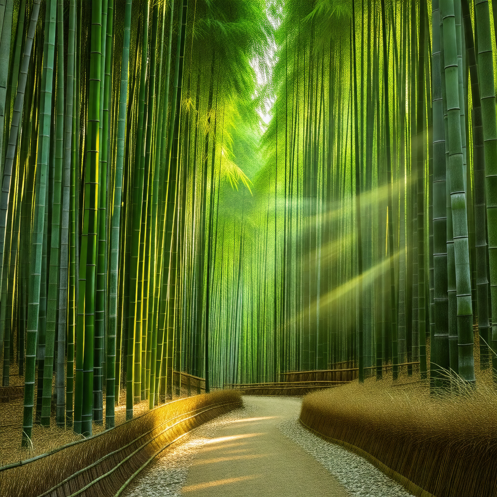Pathway surrounded by a forest of tall, slender bamboo trees